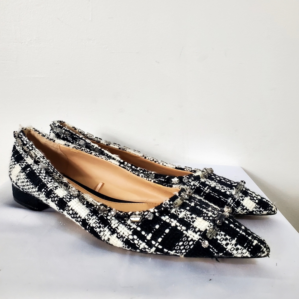 Zara tweed beaded jeweled fabric flat shoes pointed toe size 40EUR